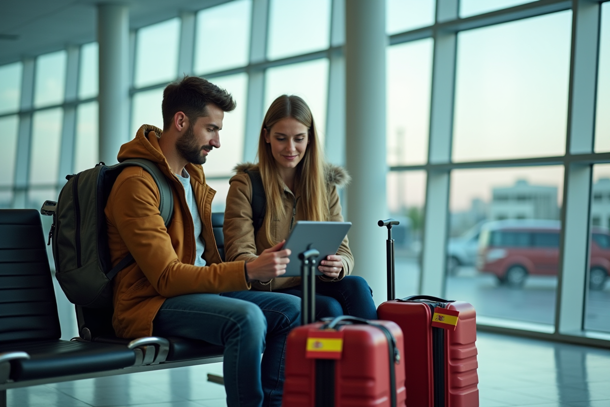 Jeune couple vérifie assurance voyage à l