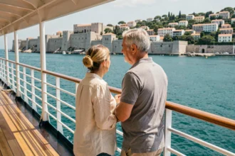Couple de voyageurs sur le pont d'un bateau de croisière approchant une côte méditerranéenne avec une architecture ancienne typique d'Israël