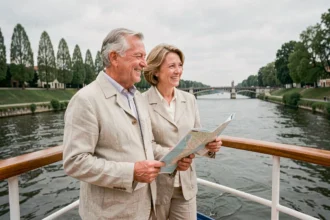 Couple de voyageurs sur le pont d'un bateau de croisière sur la Seine entre Paris et Honfleur