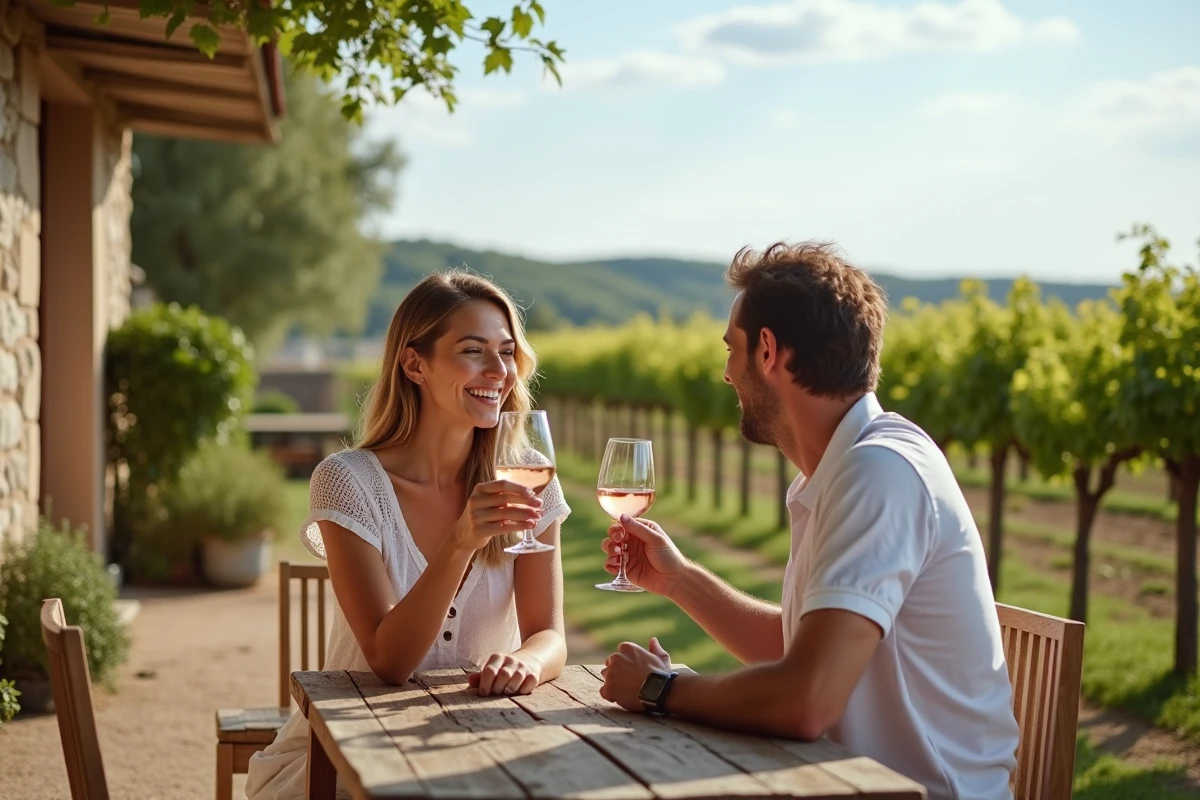 Couple dégustant du vin rosé en terrasse dans les vignobles autour de Leucate lors d'un séjour romantique
