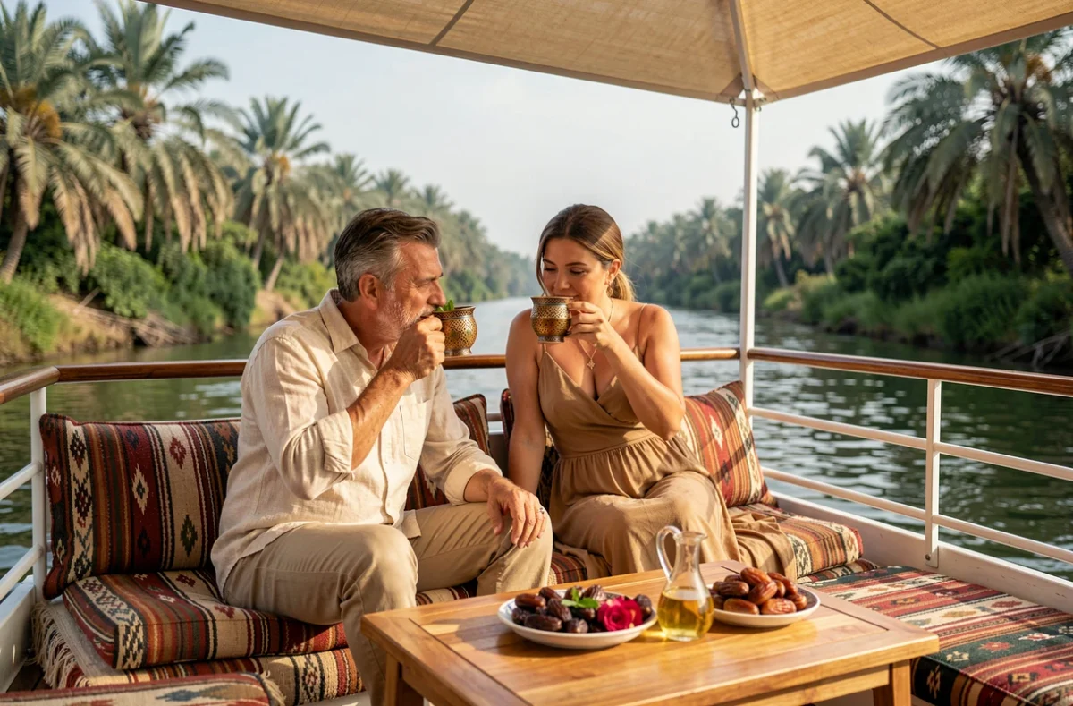 Couple élégant savourant un thé à la menthe sur le pont supérieur d'un petit bateau de luxe sur le Nil avec vue sur les rives verdoyantes