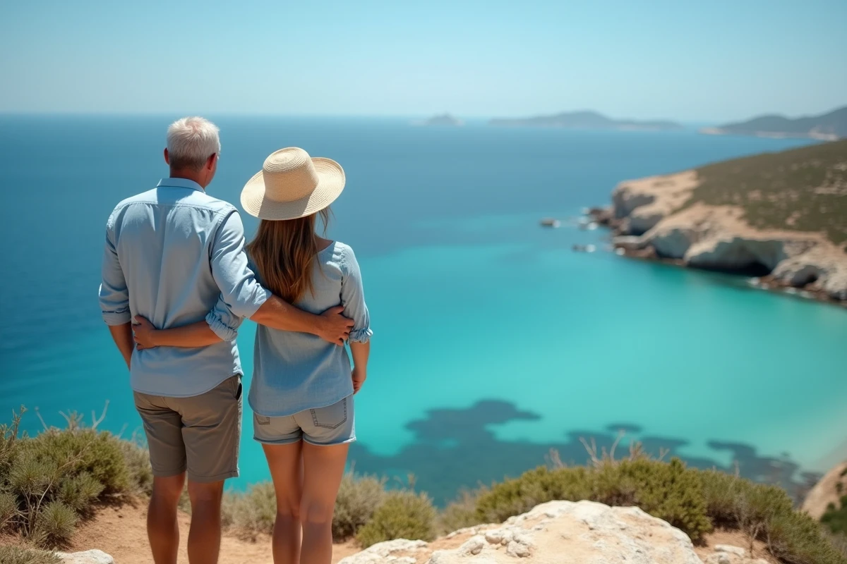 Couple contemplant le panorama entre mer Méditerranée et étang de Leucate depuis le cap au bord des falaises