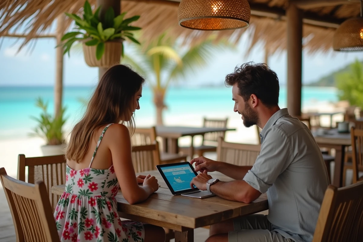 Couple de voyageurs planifiant leur itinéraire en Thaïlande sur une tablette dans un café de plage à Koh Lanta