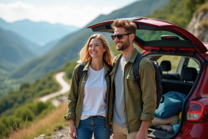 Jeune couple souriant en voyage avec voiture dans la nature