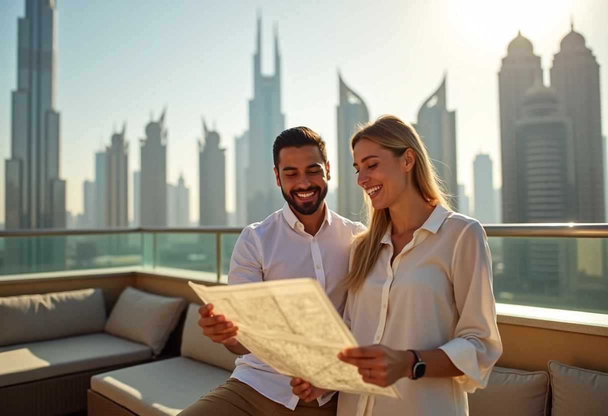 Jeune couple souriant sur un rooftop avec vue sur Dubai et Burj Khalifa