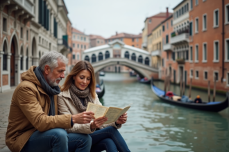 Couple à Venise regardant une carte au bord du canal