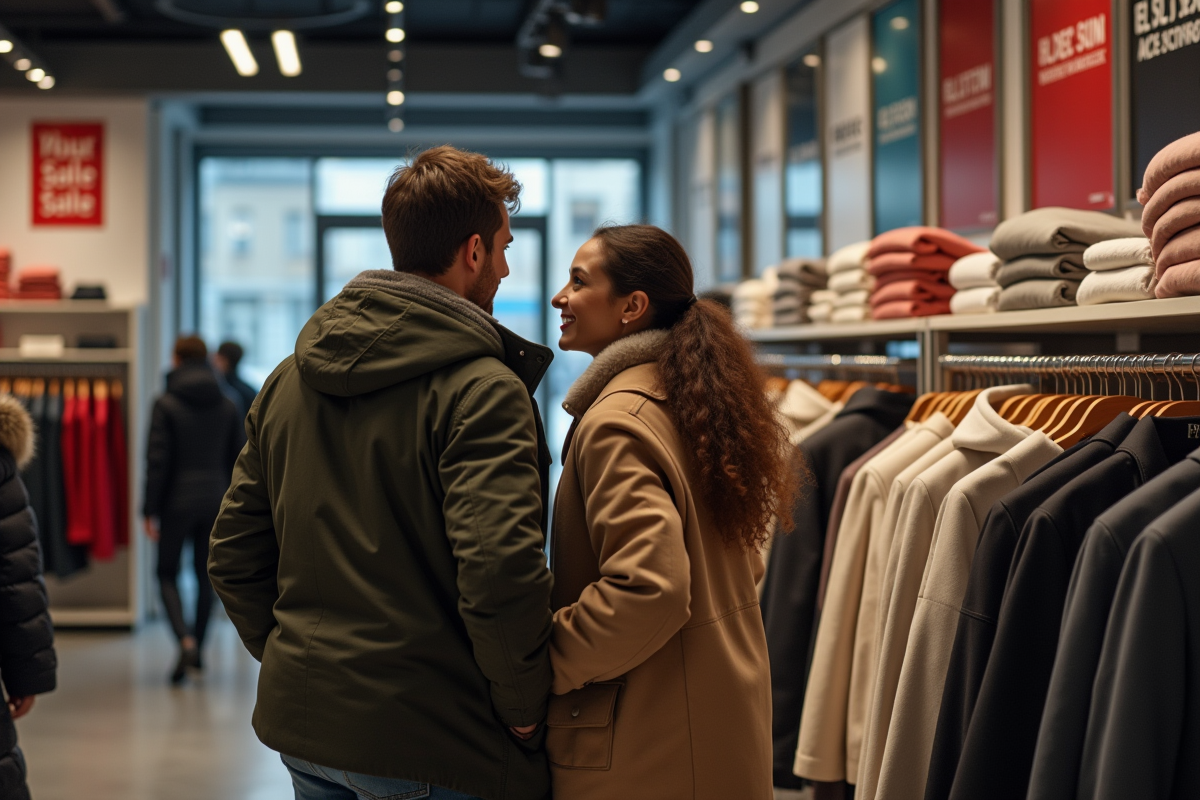 Jeune couple regardant des manteaux en magasin en Italie