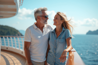 Couple souriant sur le pont d'un bateau en mer