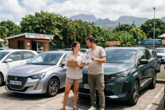 Jeune couple comparant voiture compacte et SUV en location
