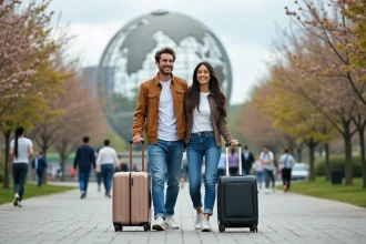 Couple souriant avec valises près de l Unisphere à Flushing Meadows