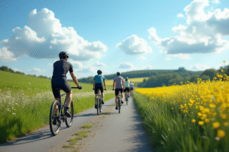 Groupe de cyclistes en campagne avec ciel bleu et champs verts