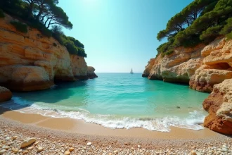 Crique sauvage de Rayol-Canadel avec eau turquoise, galets blancs et pins méditerranéens sur fond de falaises dorées