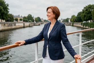 Femme souriante à la proue d'un bateau de croisière sur la Loire au départ de Nantes