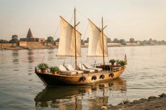 Petit dahabiya de luxe voguant sur le Nil avec des voiles latines traditionnelles et un pont en teck, temples anciens en arrière-plan