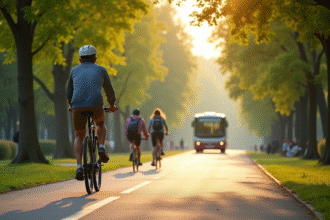 Cycliste dans un parc urbain au matin avec soleil et arbres verts