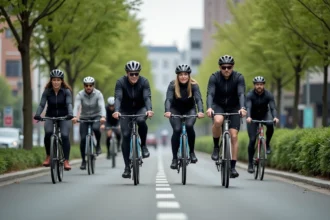 Groupe de cyclistes urbains en balade sur une piste cyclable