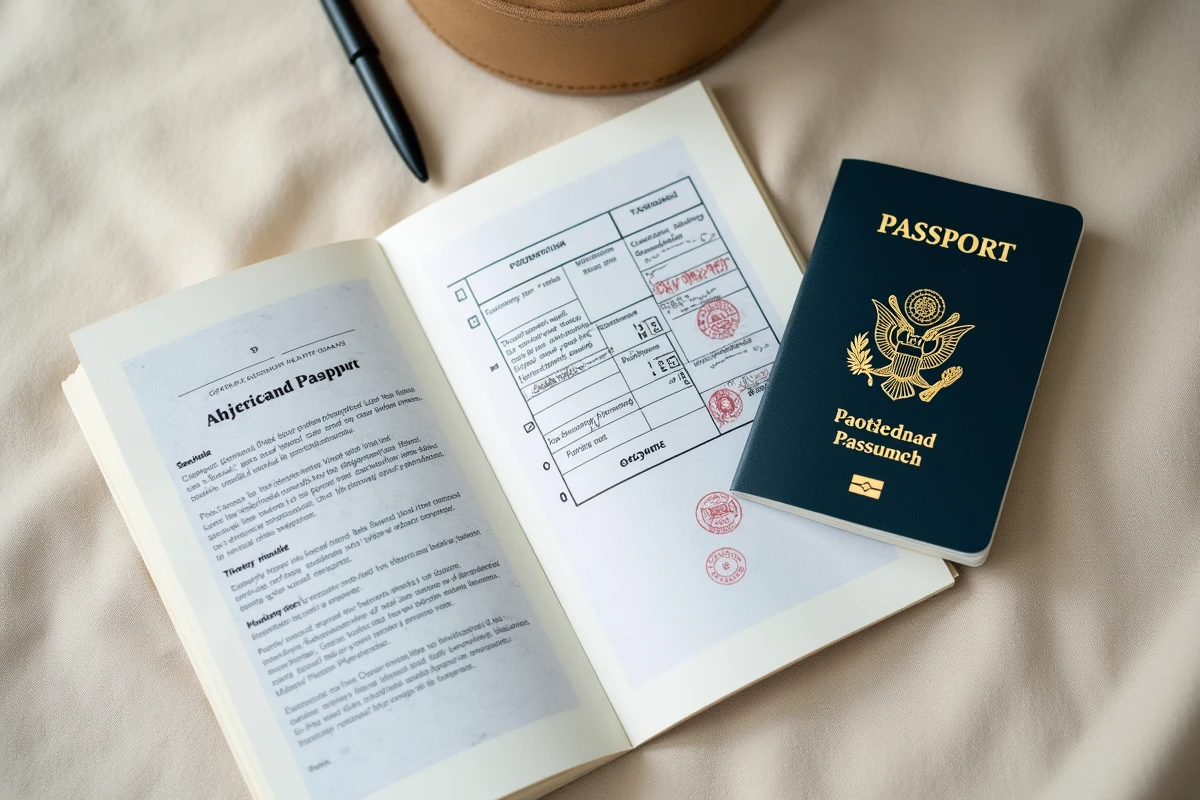 Documents indispensables pour un rendez-vous à l'ambassade d'Indonésie disposés en vue de dessus