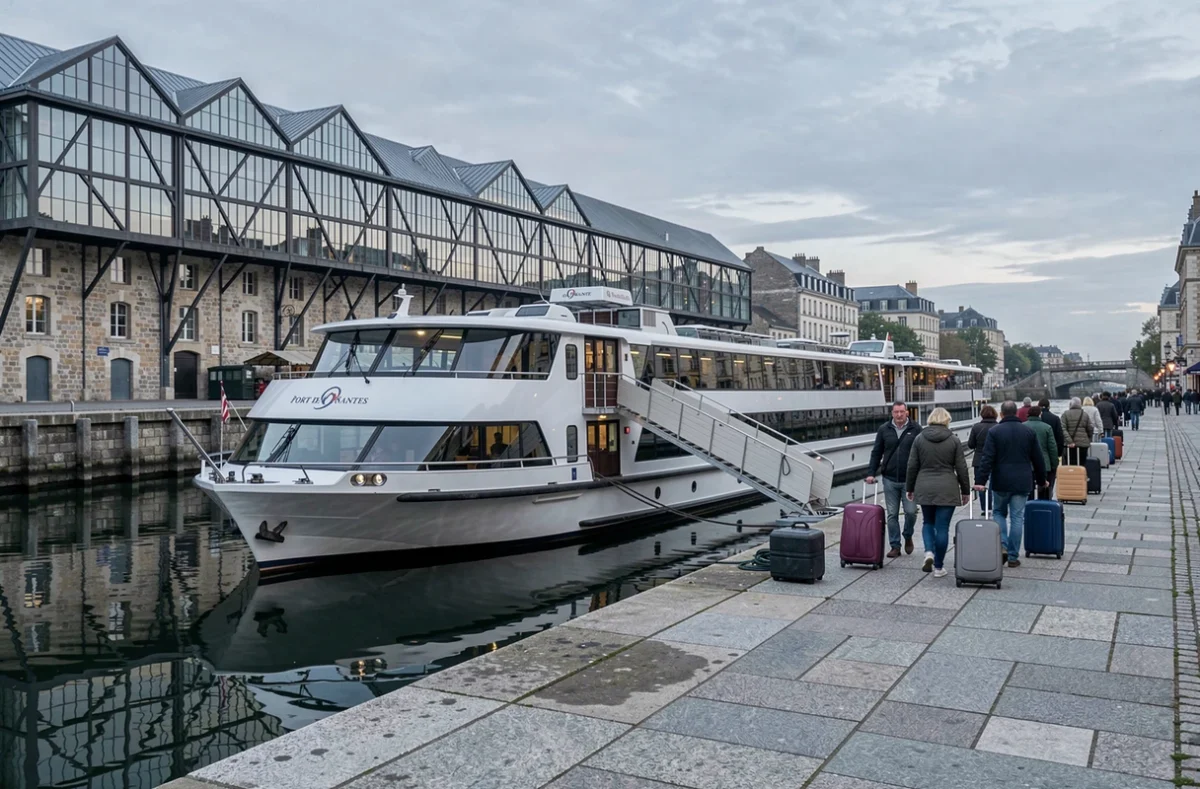Passagers embarquant sur un navire de croisière au port de Nantes au bord de la Loire