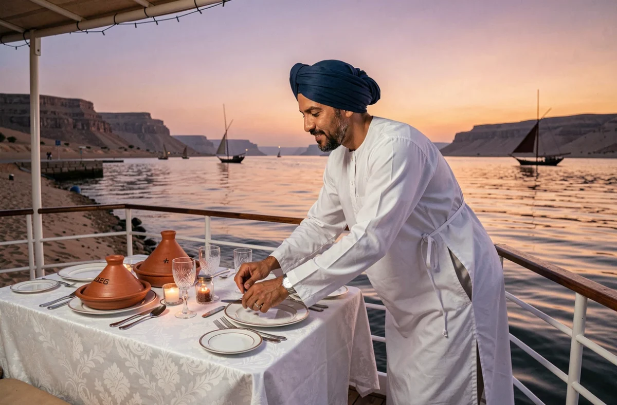 Membre d'équipage égyptien dressant une table de dîner raffinée sur le pont arrière d'un bateau de croisière sur le Nil au coucher du soleil près d'Assouan