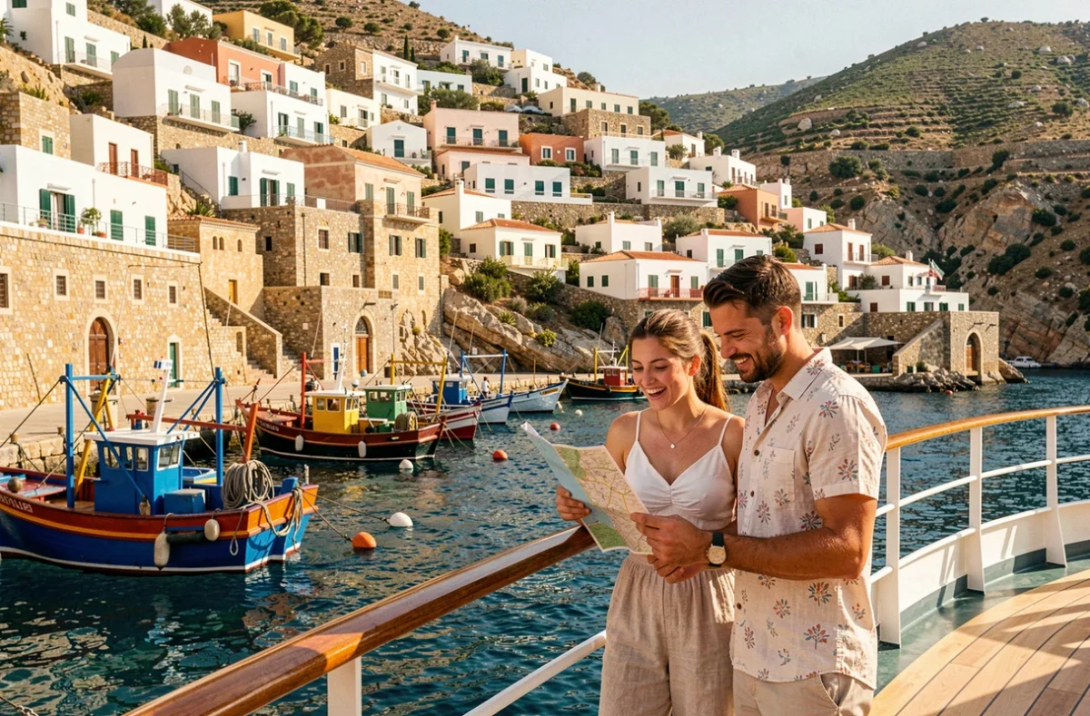 Couple de touristes observant un port méditerranéen depuis le pont d'un navire de croisière