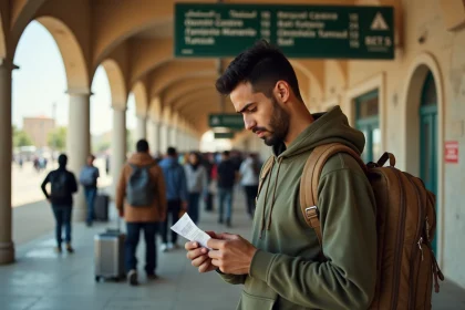 Étudiant tunisien avec un sac à dos à la gare routière de Monastir, tenant un ticket de bus pour rejoindre Tunis à moindre coût