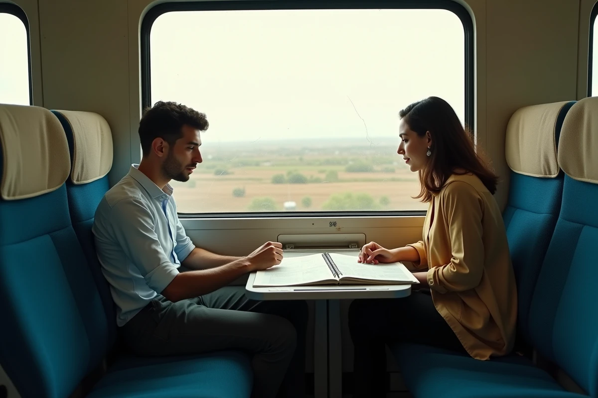 Deux étudiants tunisiens dans un train SNCFT consultant un plan de voyage et calculant le coût du trajet Monastir-Tunis