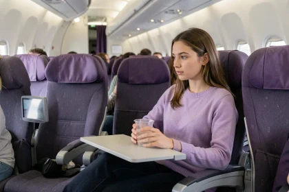 Passagère assise en classe économique dans un avion French bee, avec écran de divertissement et plateau déplié