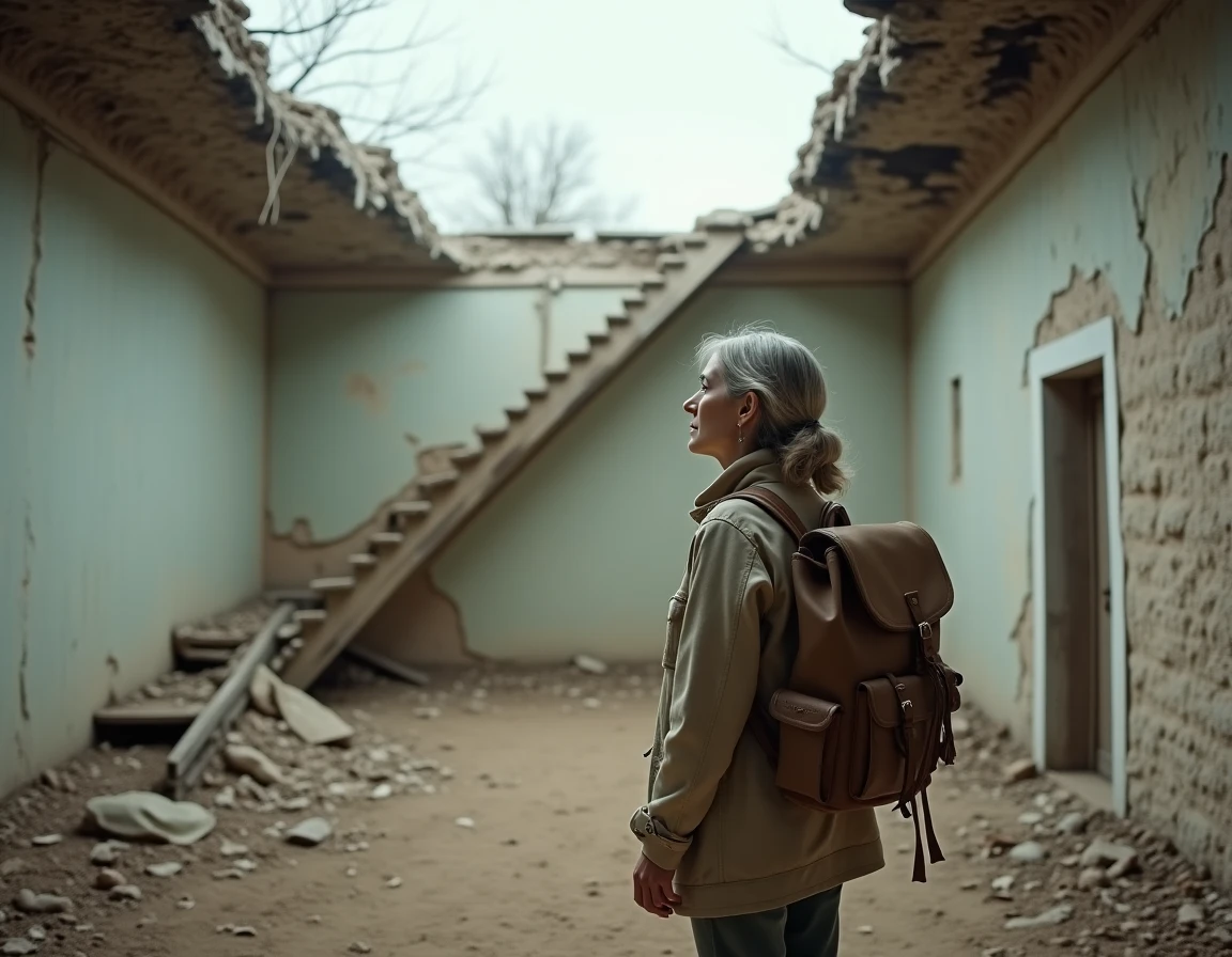 Photographe explorant l'intérieur d'une maison abandonnée sans toit dans un village de montagne français