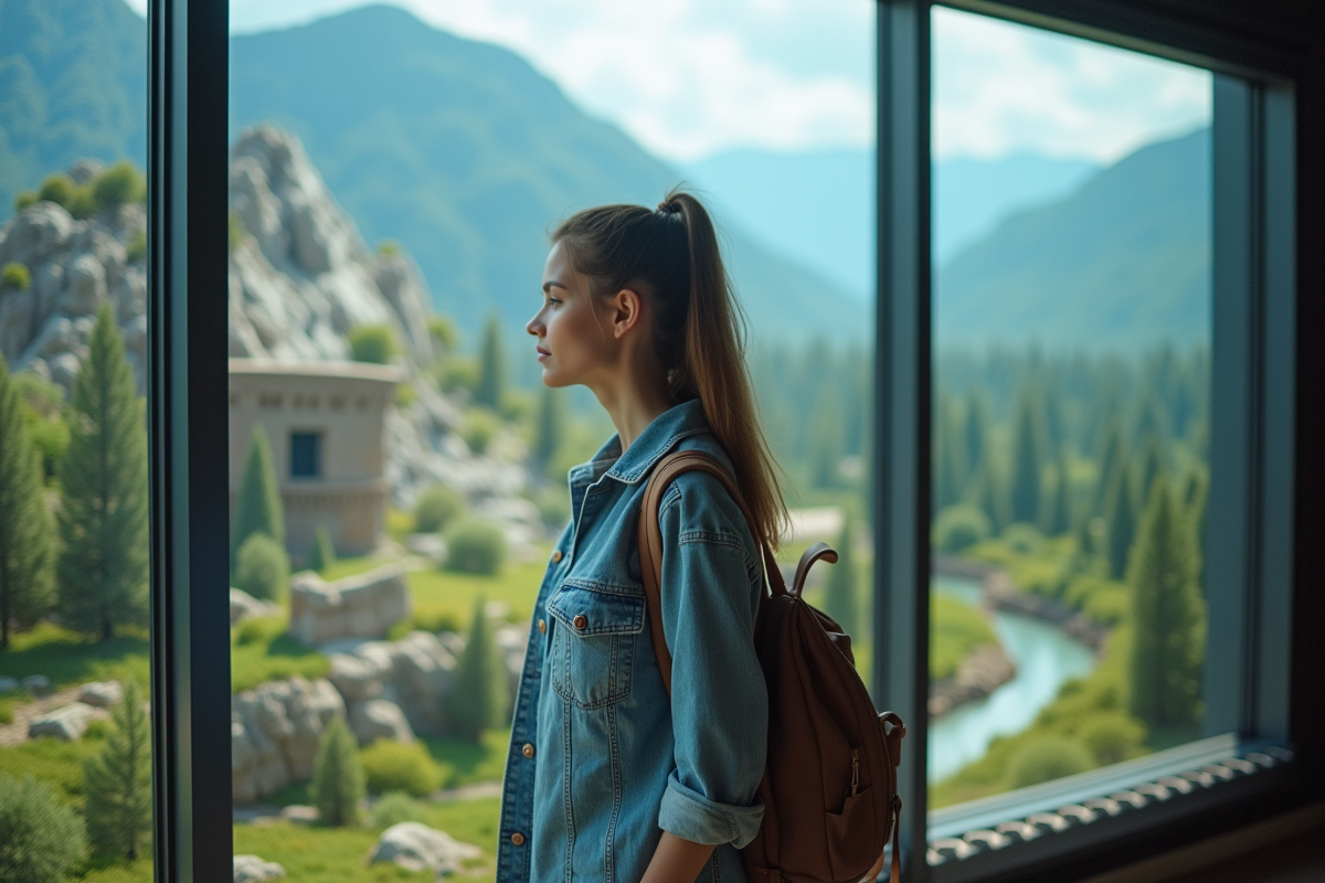 Jeune femme dans un musée géographique avec dioramas climats