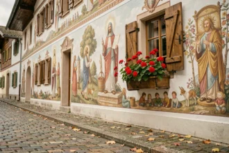 Façades peintes traditionnelles Lüftlmalerei d'Oberammergau en Bavière avec fresques colorées et pavés en premier plan