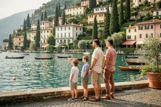 Famille avec enfants sur la promenade au bord du lac de Côme en Italie, avec villas colorées et eau turquoise en arrière-plan