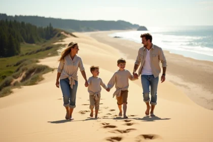 Famille souriante sur la Dune du Pilat en été