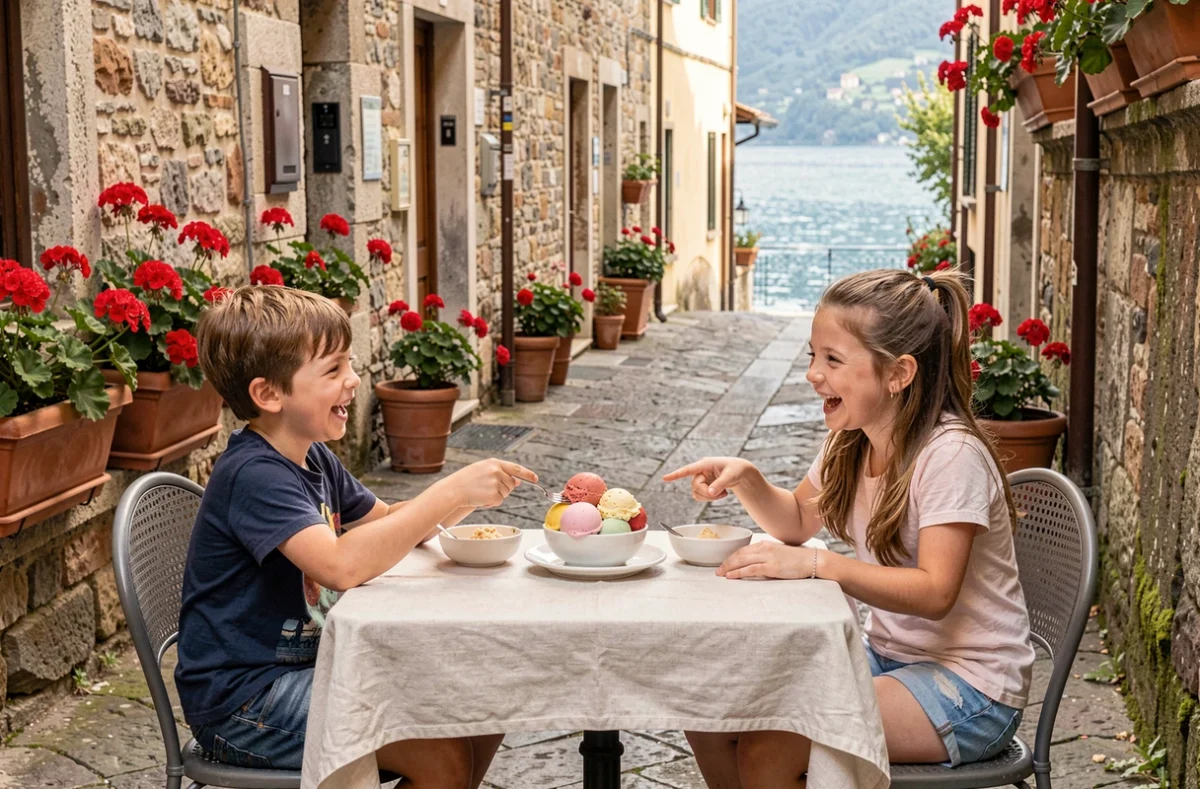 Mère et enfants dégustant une glace en terrasse dans une ruelle de Bellagio au bord du lac de Côme