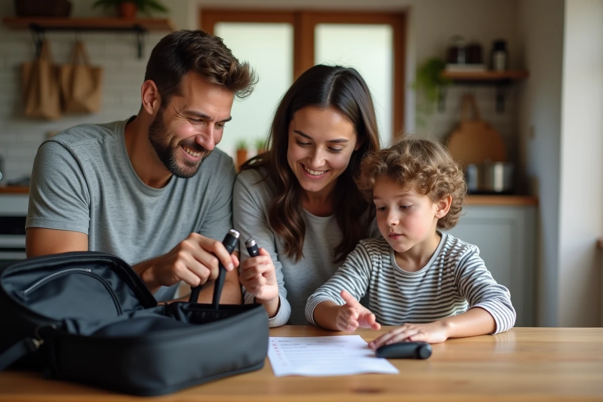 Famille préparant ses bagages avec un rasoir électrique avant un voyage en avion