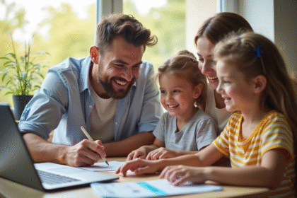 Famille réservant vacances en ligne à la maison avec chèques vacances