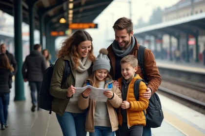 Famille de quatre à la gare européenne en voyage