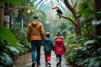 Famille dans la serre tropicale du Biodome de Montréal avec toucan