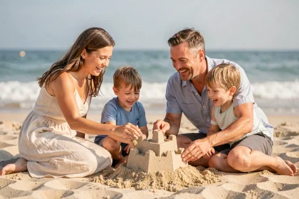 Famille heureuse construisant un château de sable sur la plage pendant les vacances d'été
