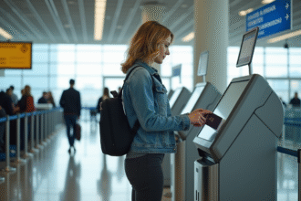 Femme en denim à l'aéroport enregistrement