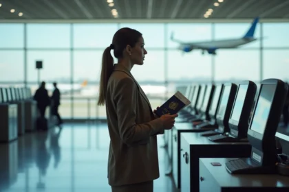 Femme à l'aéroport tenant passeport et billets