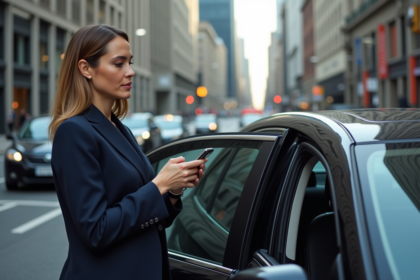 Femme d'affaires dans un costume navy devant une voiture noire