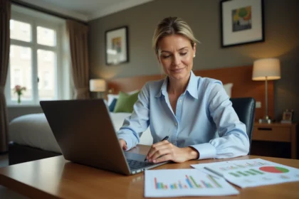 Femme d affaires au bureau d hotel moderne et cosy