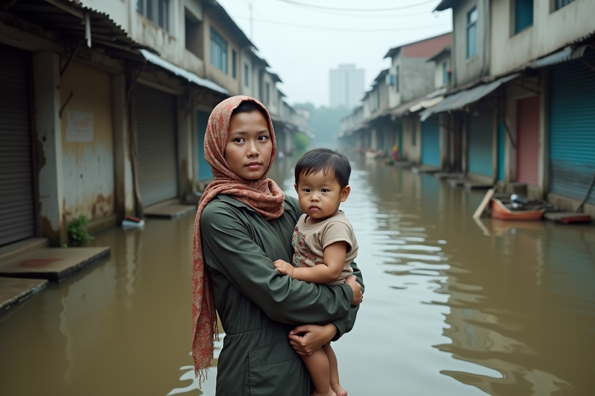 Jeune femme asiatique avec enfant dans une rue inondee