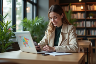 Femme au café utilisant un ordinateur pour marquer une carte numérique
