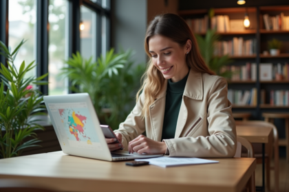 Femme au café utilisant un ordinateur pour marquer une carte numérique