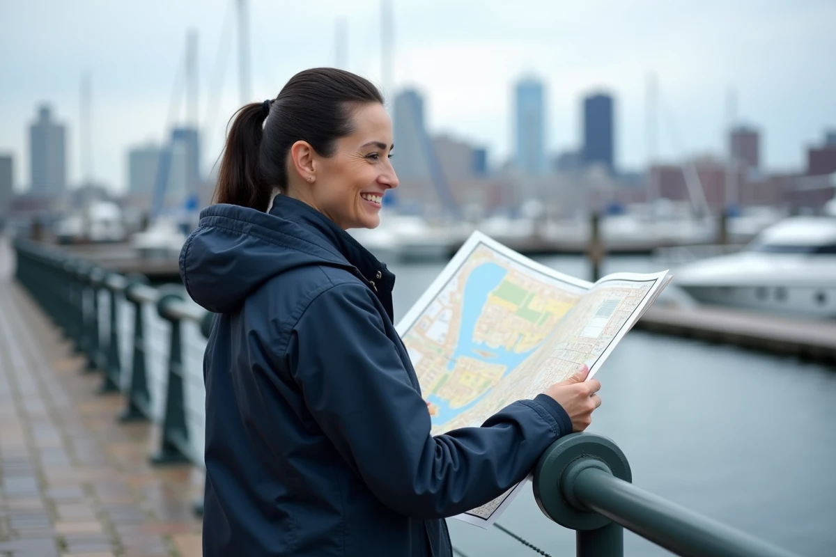Femme consultant une carte de Boston au bord du port avec vue sur la skyline et les voiliers amarrés
