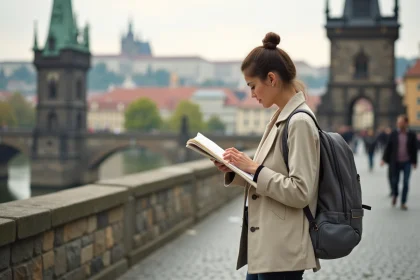 Femme consultant une carte touristique sur le Pont Charles à Prague avec les tours gothiques en arrière-plan