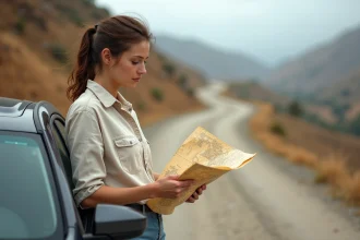 Femme consultant une carte routière papier appuyée contre une voiture sur une route de montagne isolée lors d'un road trip dans un pays méconnu