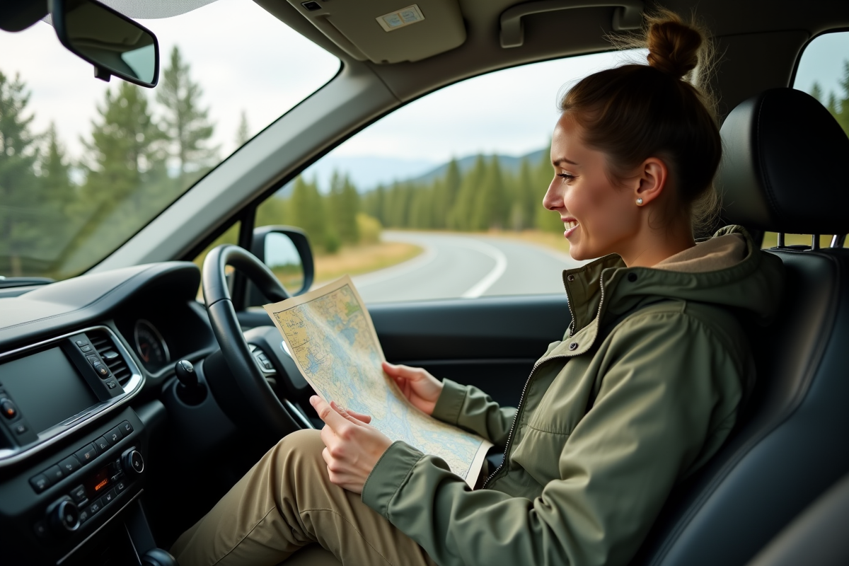 Femme seule étudiant une carte dans l’intérieur du SUV