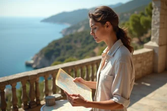 Femme regardant une carte sur une terrasse corse